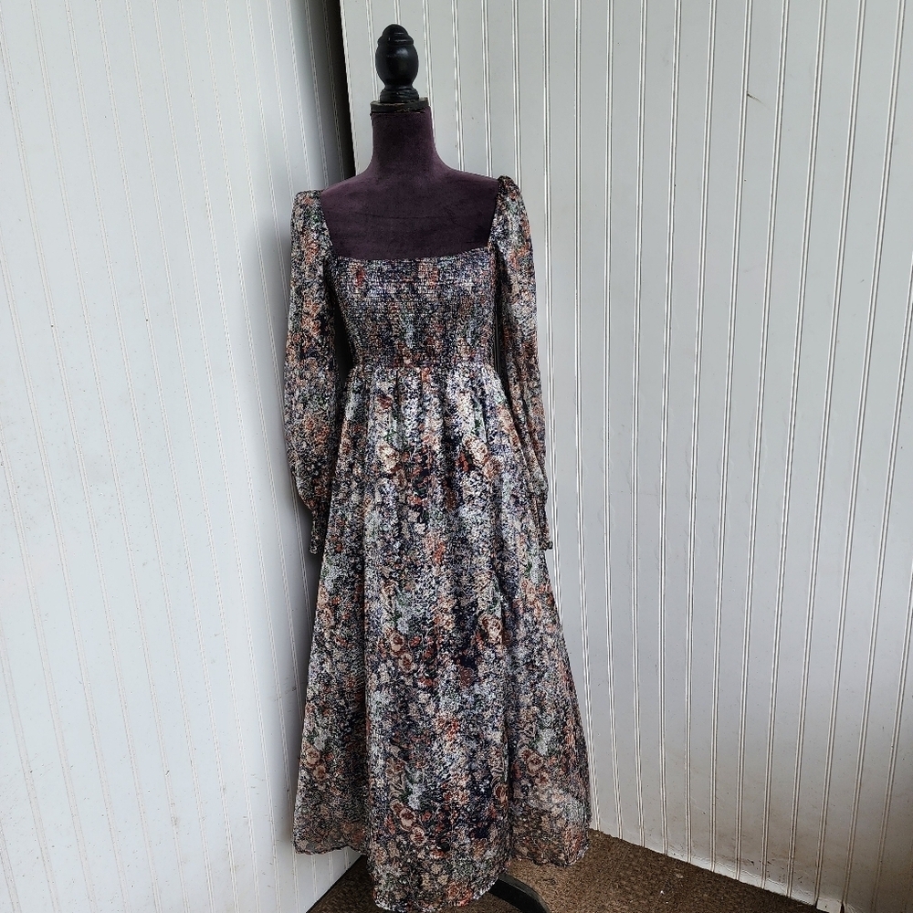 Smocked Square-Neck Midi Dress in Floral Black